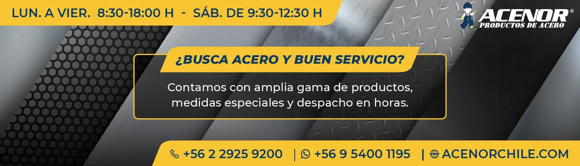 Banner de contactos Acenor. Lunes a viernes entre 8:30 y 18:00. Sábado 9:30 a 12:30.