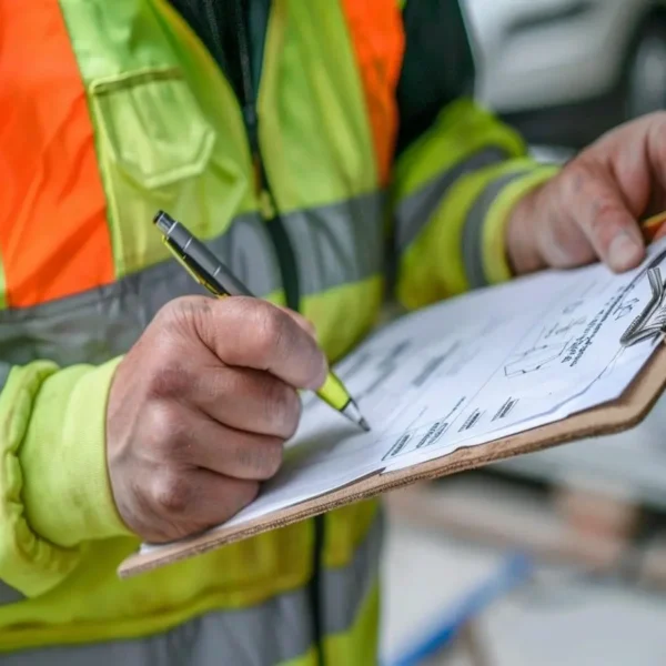 Hombre de chaqueta amarilla inspeccionando el cumplimiento de normas en un establecimiento
