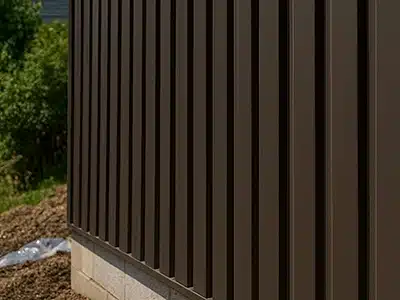 Panel metálico tipo cuadroforma en color oscuro, con un diseño de líneas rectas y marcadas. Perfecto para aplicaciones exteriores que buscan un acabado moderno y elegante, además de alta durabilidad.
