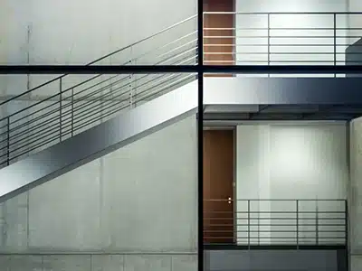 Escaleras y barandillas de acero galvanizado en edificio moderno demostrando durabilidad y estética en aplicaciones estructurales exteriores